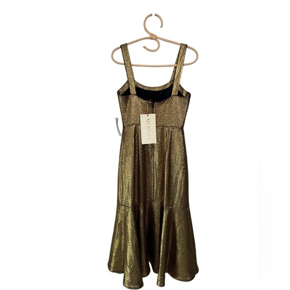 Mestiza New York Jody Metallic Gold Tweed Square Neck Flutter Hem Midi Dress - Picture 5 of 16